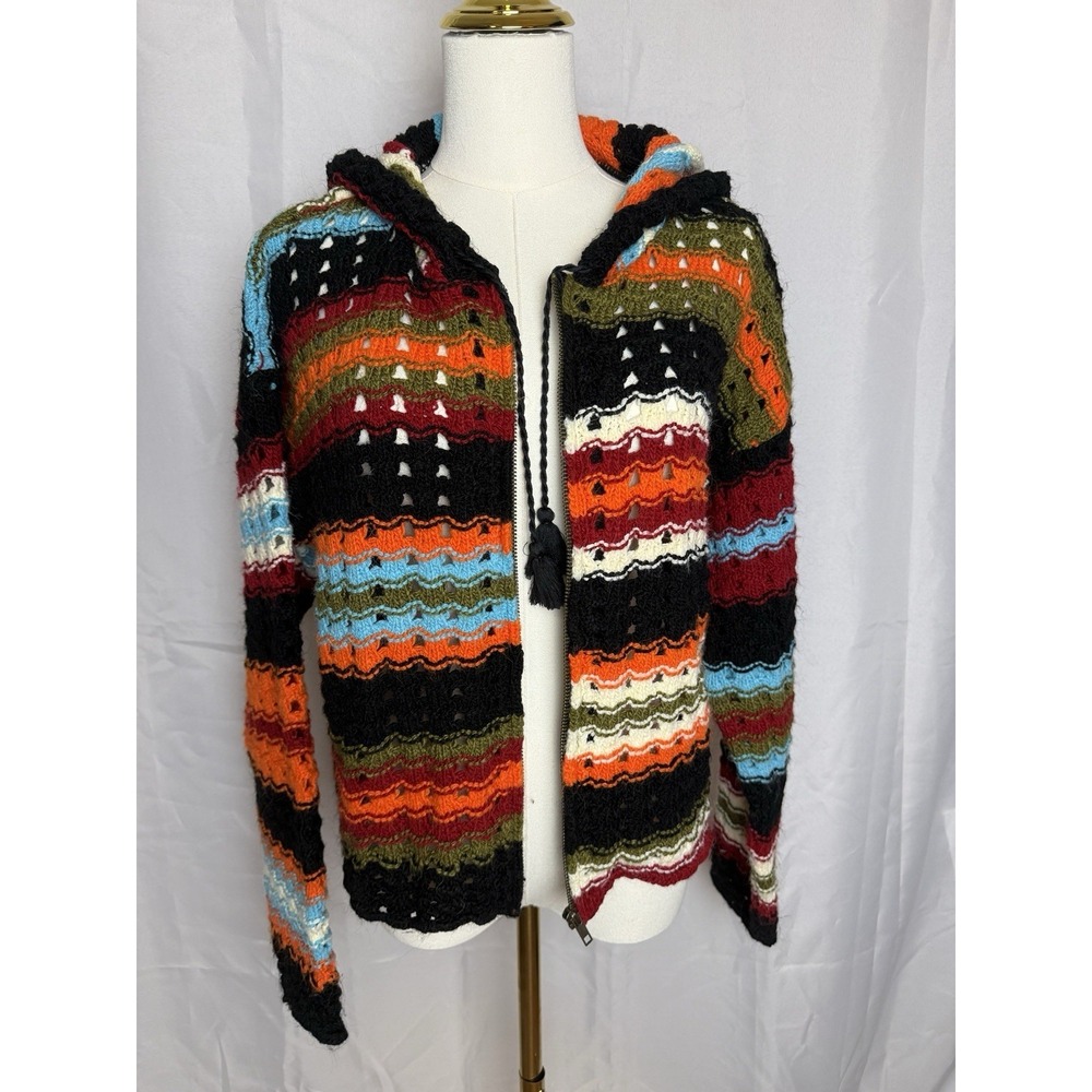BOC Crochet Knit Hoodie Sweater Women L Boho Striped Zip Festival Hippie Chunky
